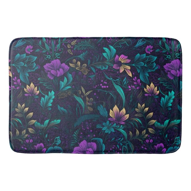 Purple Blossoms and Teal Leaves Bath Mat (Front)