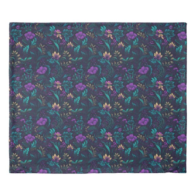 Purple Blossoms and Teal Leaves Duvet Cover (Front)