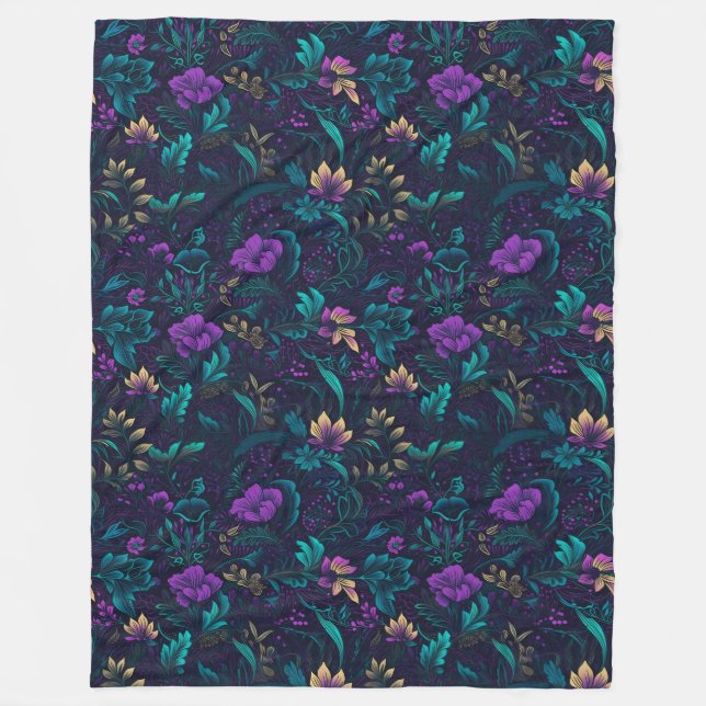 Purple Blossoms and Teal Leaves Fleece Blanket (Front)