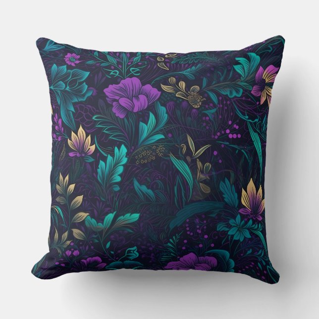 Purple Blossoms and Teal Leaves Throw Pillow (Front)