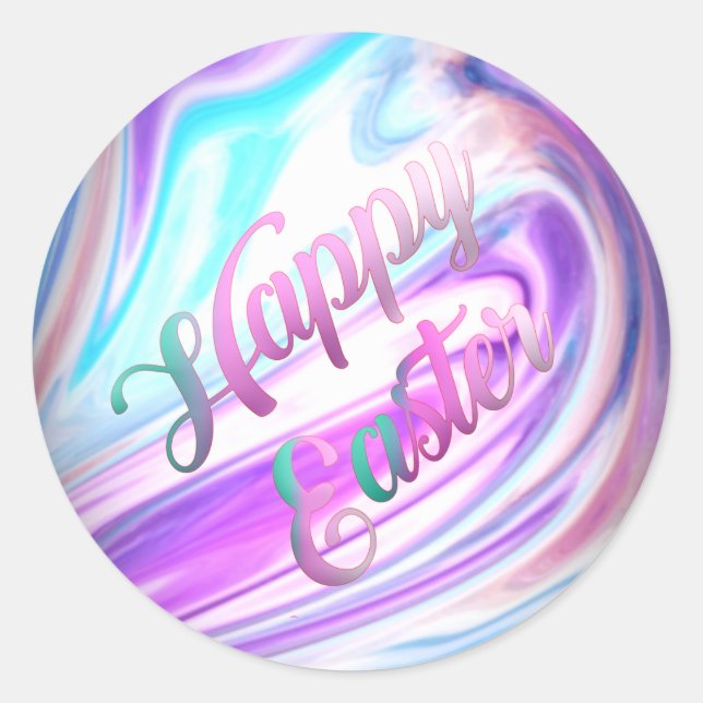 Purple Blue Abstract Happy Easter Classic Round Sticker (Front)