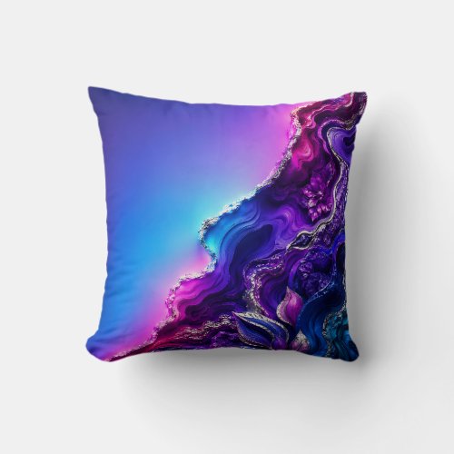 Purple Blue Agate Geode Art | Neon Marble Abstract Throw Pillow