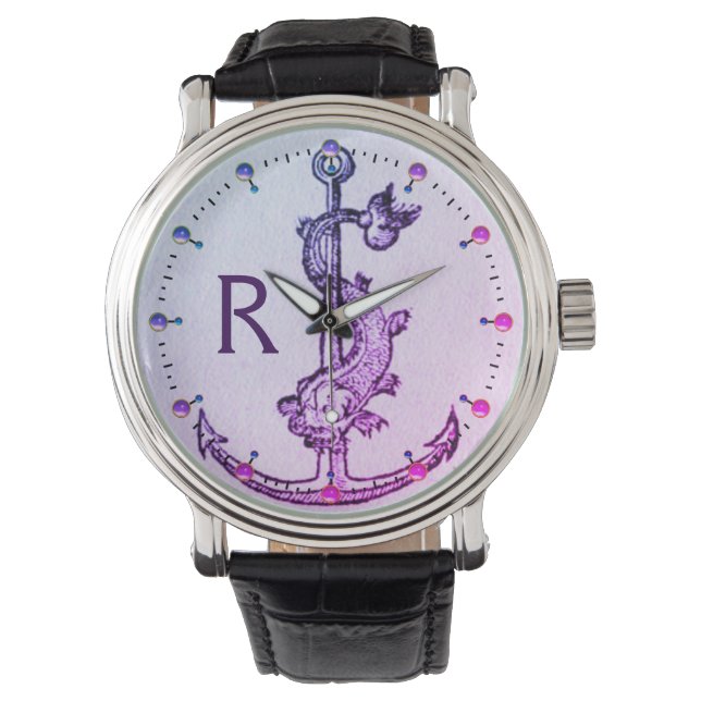 PURPLE BLUE ANCHOR WITH FISH NAUTICAL MONOGRAM WATCH (Front)