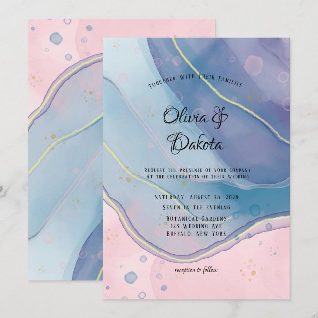 Purple Blue and Blush Pink Alcohol Ink Wedding Invitation (Front/Back)