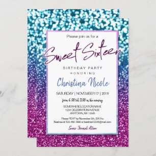Purple Blue and Bokeh Lights Glam Sweet 16 Invitation