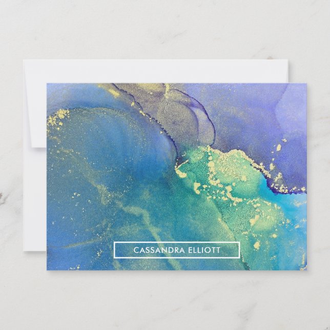 Purple Blue and Gold Abstract Alcohol Ink Art Note Card (Front)