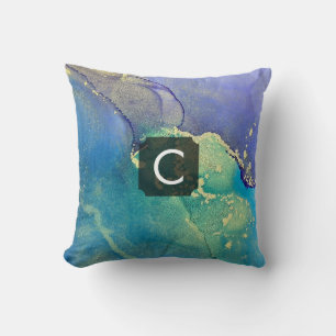 Purple Blue and Gold Abstract Art Monogram Throw Pillow