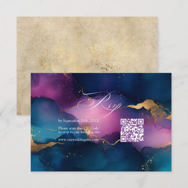 Purple, Blue, and Gold Alcohol Ink QR Code Wedding RSVP Card (Front/Back)