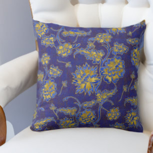 Purple Blue and Gold Floral Chintz Throw Pillow