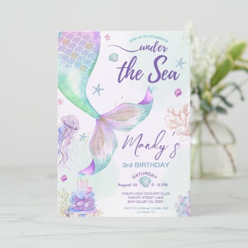Purple Blue And Gold Mermaid Under The Sea Invitation