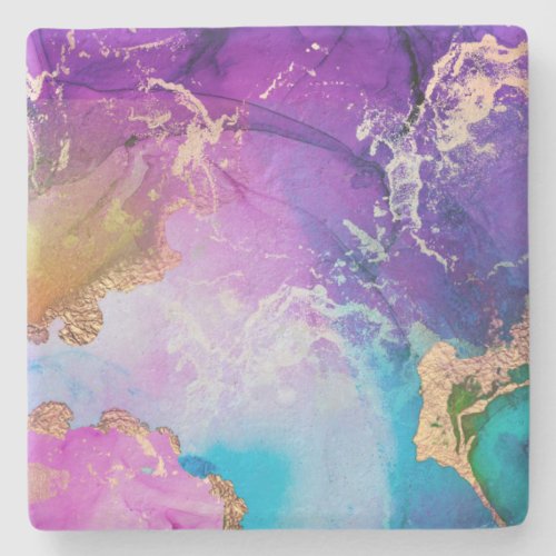 Purple Blue And Gold Metallic Abstract Watercolor Stone Coaster