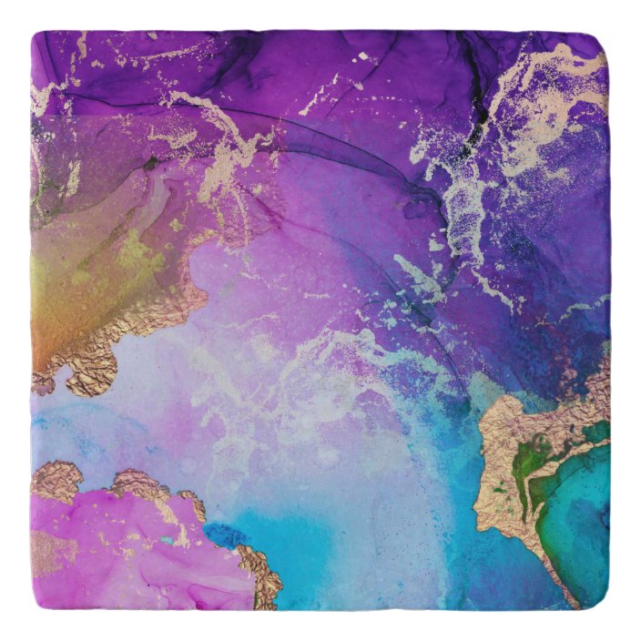 Purple, Blue And Gold Metallic Abstract Watercolor Trivet | Zazzle.com