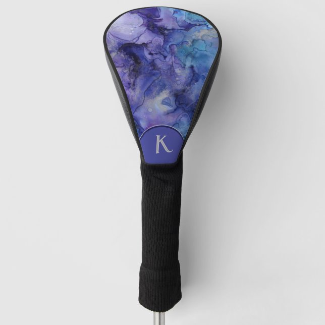 Purple, Blue and Gray Watercolor Monogram Golf Head Cover (Front)