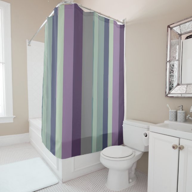 Purple, Blue and Green Abstract Stripes Shower Curtain (In Situ)