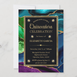 Purple, Blue and Green Glitter Agate Quinceanera Invitation