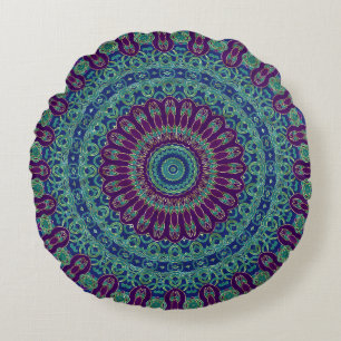 Purple, Blue and Green Mandala Round Pillow