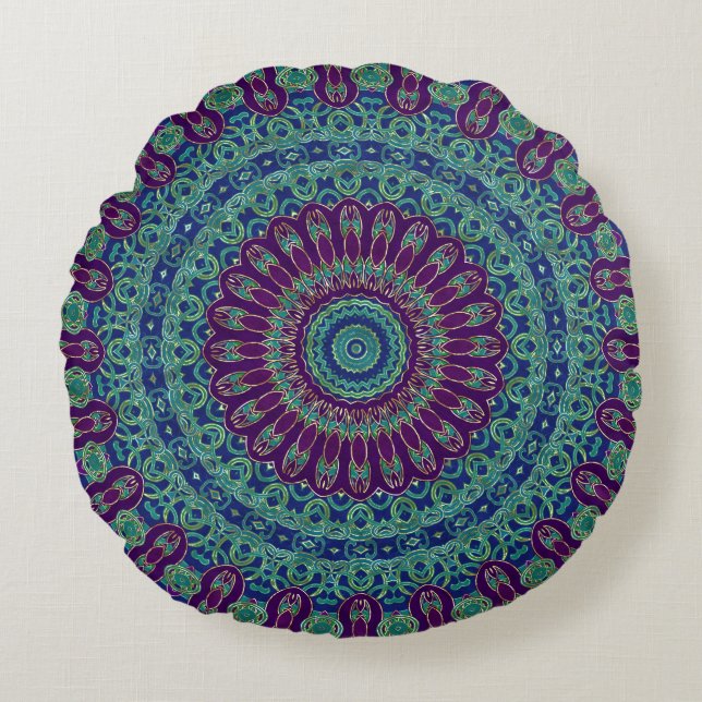 Purple, Blue and Green Mandala Round Pillow (Front)