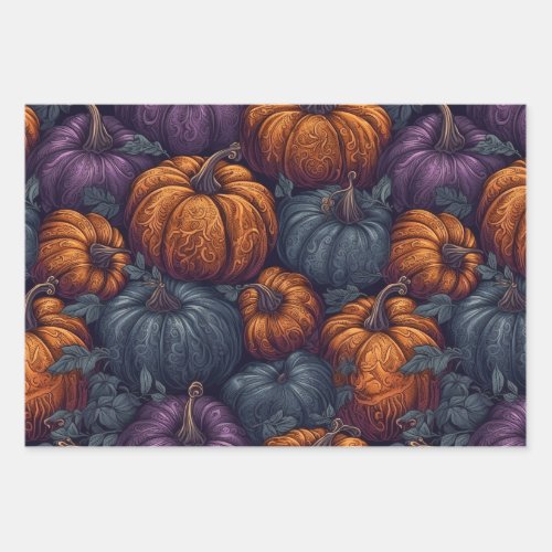 Purple Blue and Orange Pumpkins Wrapping Paper Sheets