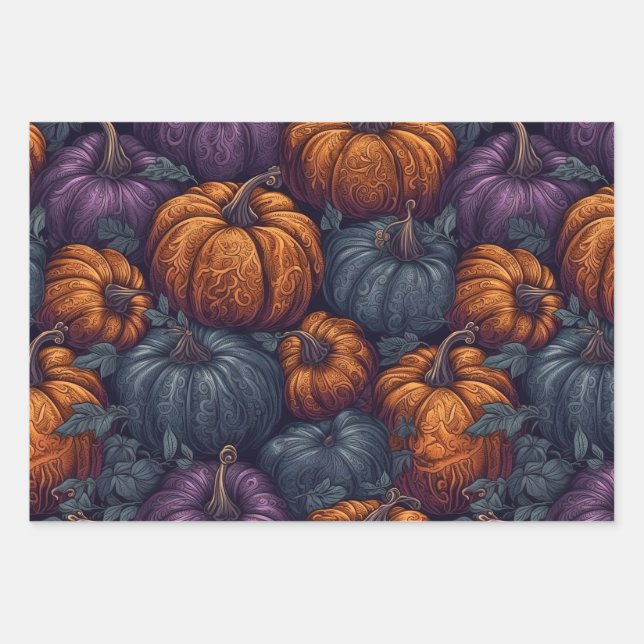 Purple, Blue and Orange Pumpkins Wrapping Paper Sheets (Front)