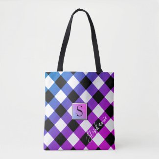Purple Blue and Pink Buffalo Check Plaid Monogram Tote Bag