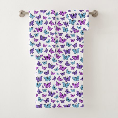 Purple Blue and Pink Butterfly Pattern Bath Towel Set