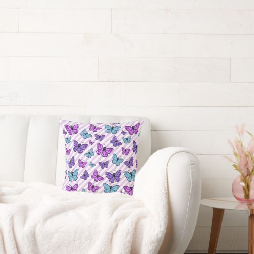 Purple Blue and Pink Butterfly Pattern Throw Pillow