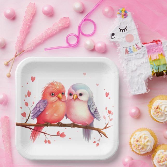 Purple, Blue and Pink Lovebirds  Paper Plates (Party)