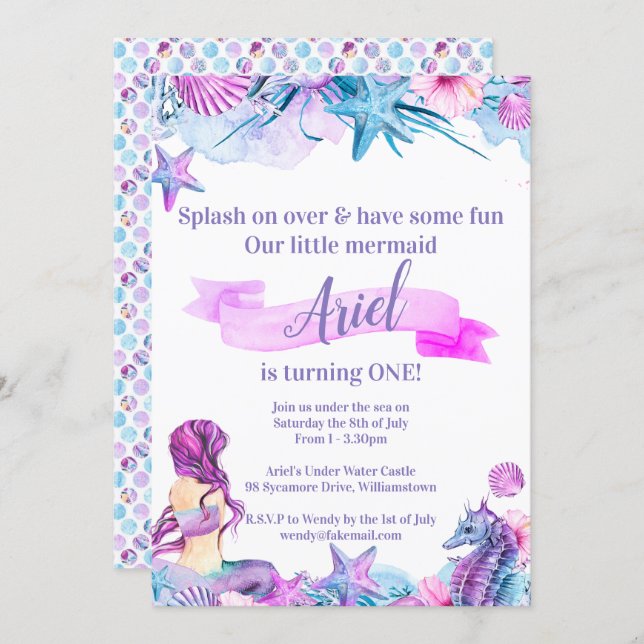 Purple, Blue and Pink Mermaid Birthday Invitation (Front/Back)