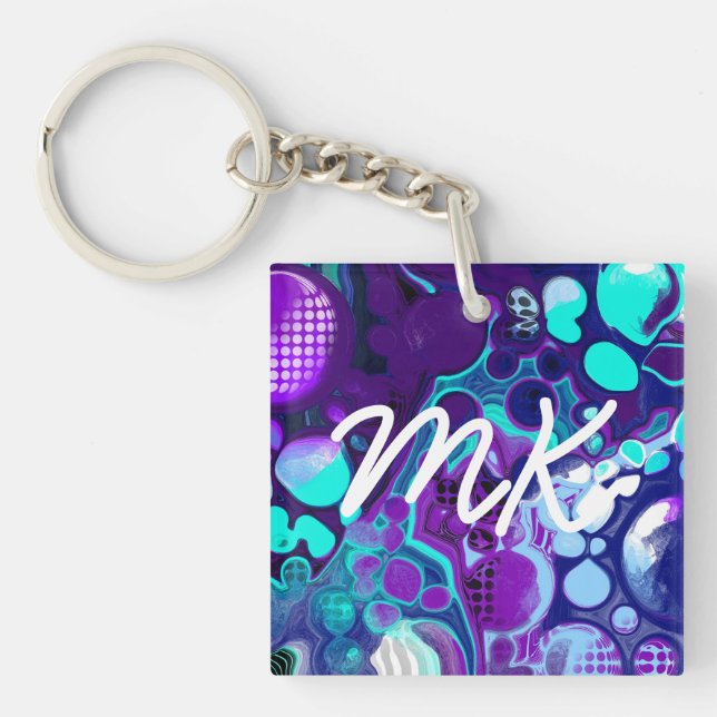 Purple, Blue and Teal Abstract Fluid Art Keychain (Front)