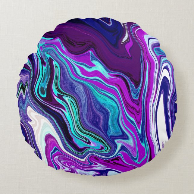 Purple, Blue and Teal Abstract Fluid Art   Round Pillow (Front)