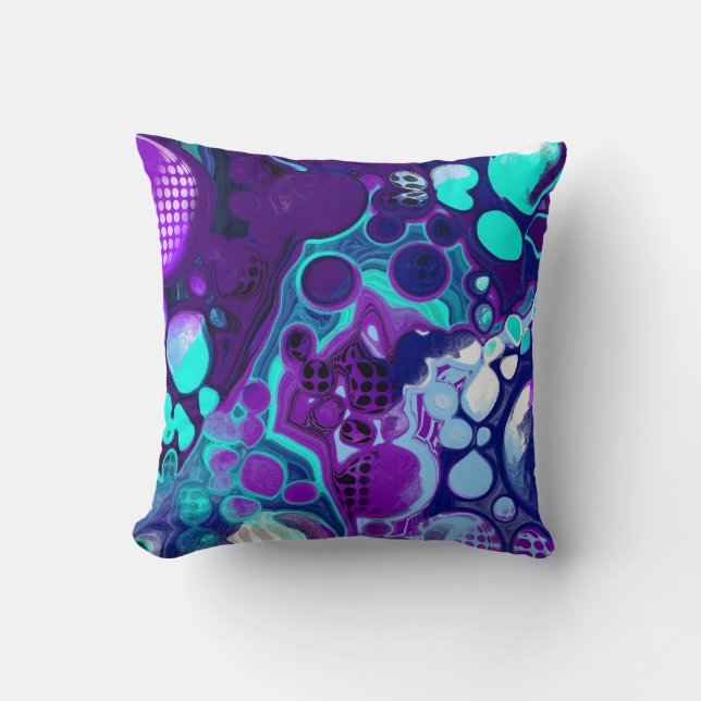 Purple, Blue and Teal Abstract Fluid Art Throw Pillow (Front)