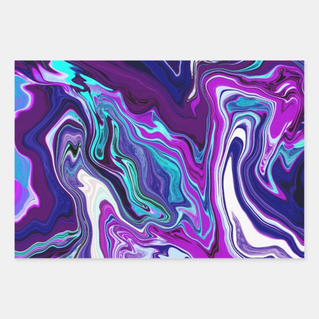 Purple, Blue and Teal Abstract Marble Art Wrapping Paper Sheets (Front)