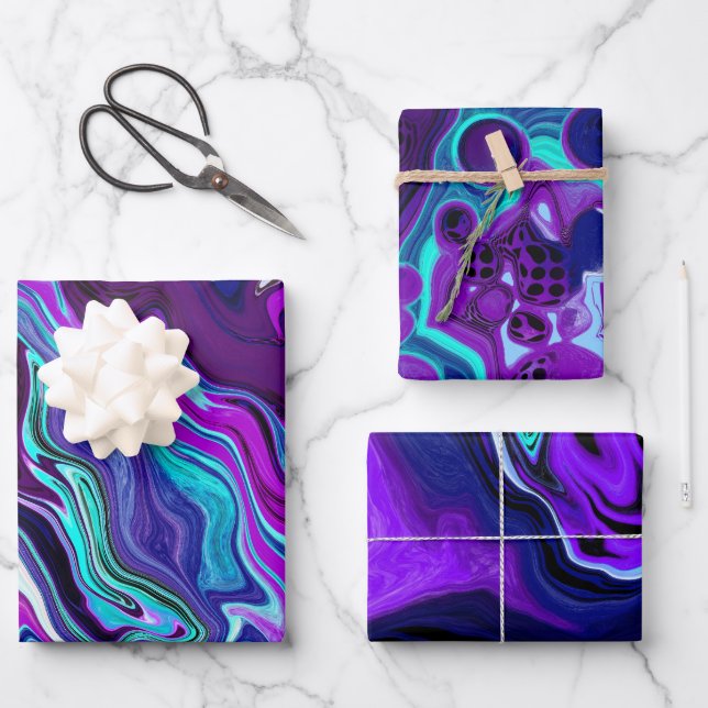 Purple, Blue and Teal Abstract Marble Art Wrapping Paper Sheets (Front)