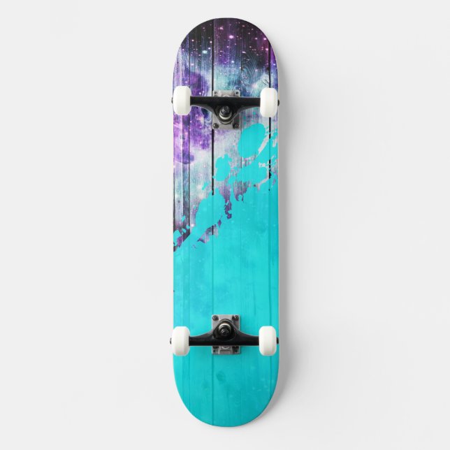Purple, Blue,and Teal Wood Planks & Paint Splatter Skateboard Deck (Front)