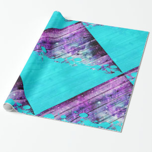 Purple, Blue,and Teal Wood Planks & Paint Splatter Wrapping Paper