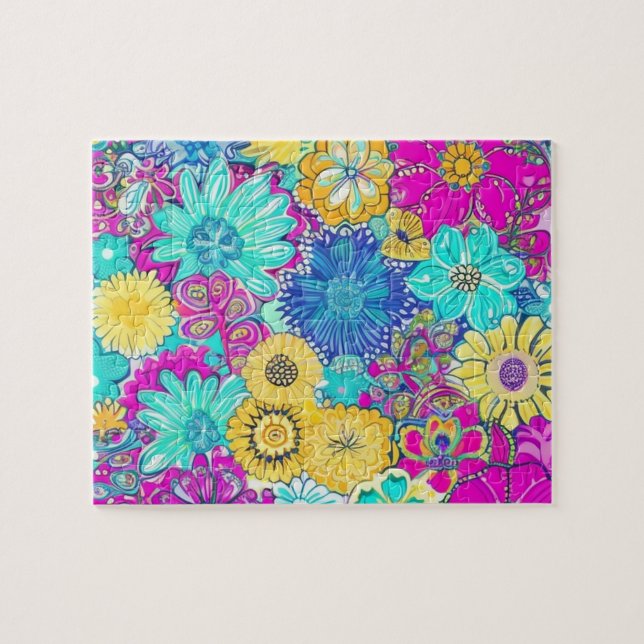 Purple, Blue and Yellow Flowers pattern Jigsaw Puzzle (Horizontal)