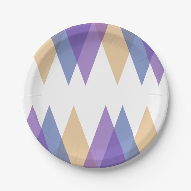Purple, blue and yellow triangles paper plates (Front)