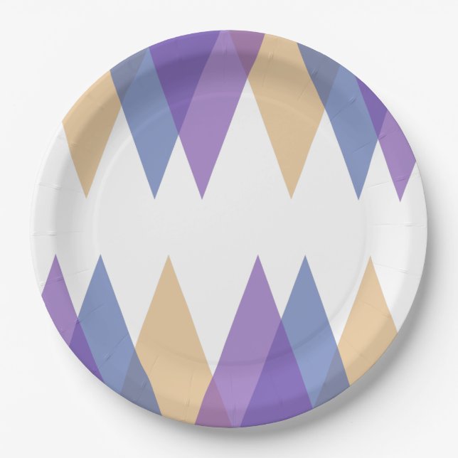 Purple, blue and yellow triangles paper plates (Front)