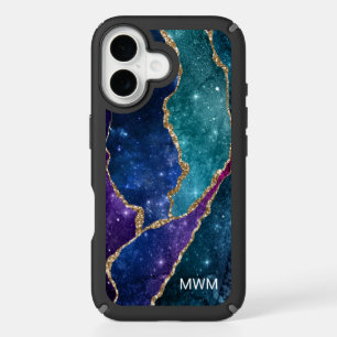 Purple Blue Aqua Gold Veins Agate Monogram iPhone 16 Case
