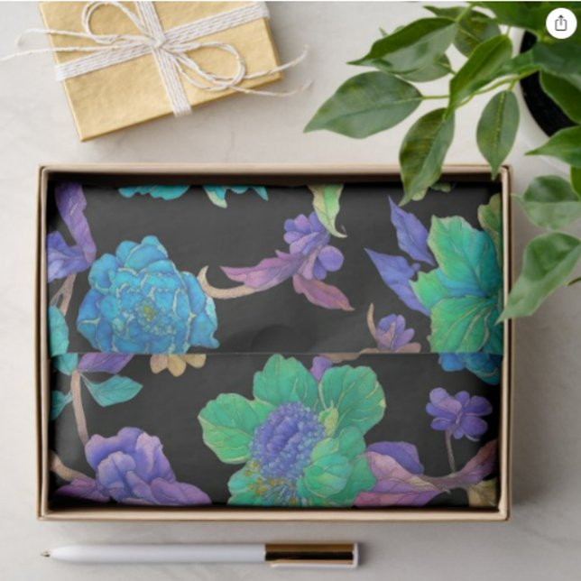 Purple Blue Aqua Jacobean Damask Design Tissue Paper (Creator Uploaded)