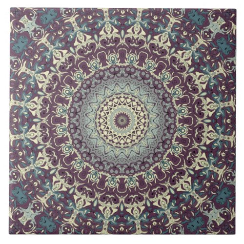 Purple Blue Beige Mandala Kaleidoscope Medallion Ceramic Tile