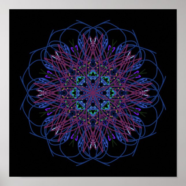 Purple Blue Black Abstract Art Kaleidoscope Poster (Front)