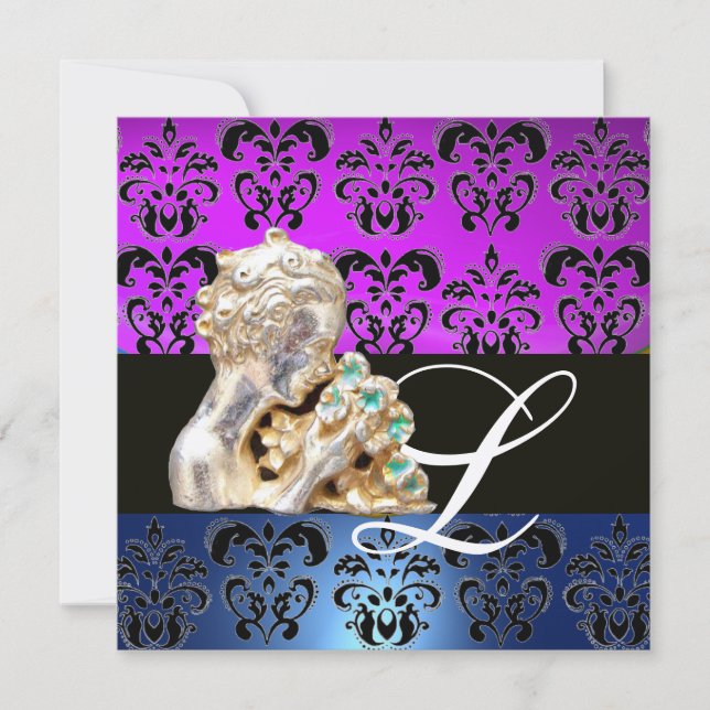 PURPLE BLUE ,BLACK, WHITE DAMASK JEWEL MONOGRAM INVITATION (Front)