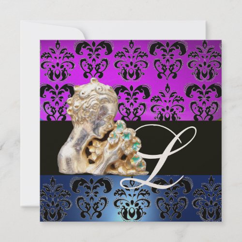 PURPLE BLUE BLACK WHITE DAMASK JEWEL MONOGRAM INVITATION