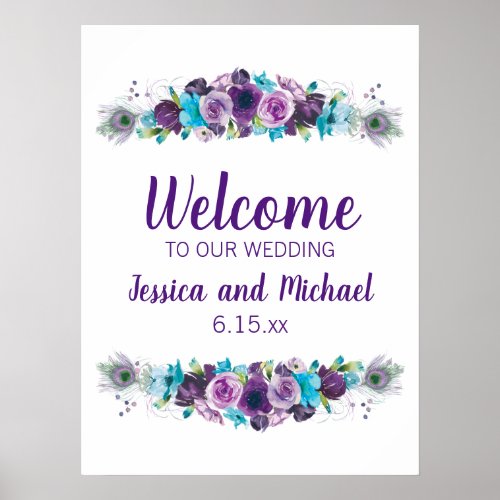 Purple Blue Boho Floral White Wedding Welcome Poster
