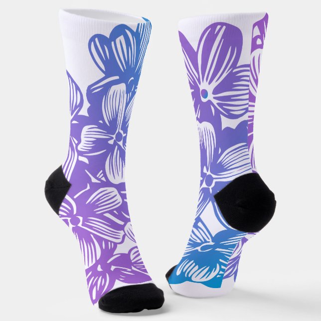 Purple Blue Botanical Hydrangea Flower Blossoms Socks (Angled)