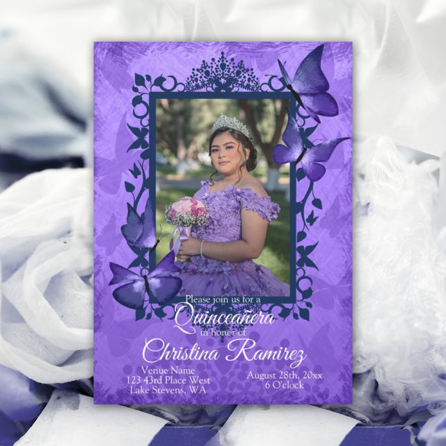Purple, Blue Butterfly Quinceanera Invitation (purple navy blue quinceanera invitation butterflies decorative fancy frame border purple gown dress)