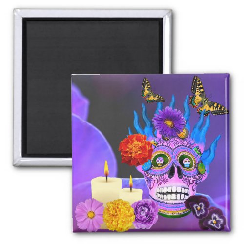 Purple  Blue Catrina With Marigold Flowers Magnet