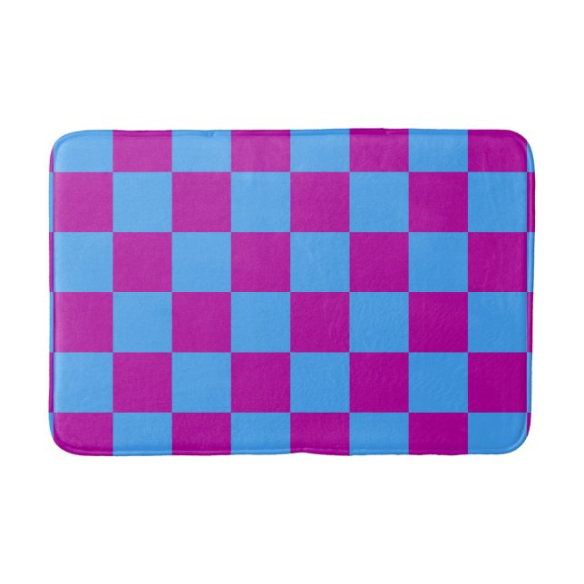 Purple Blue Checkered Check Pattern Bath Mat (Front)