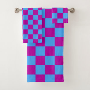 Purple Blue Checkered Check Pattern Bath Towel Set